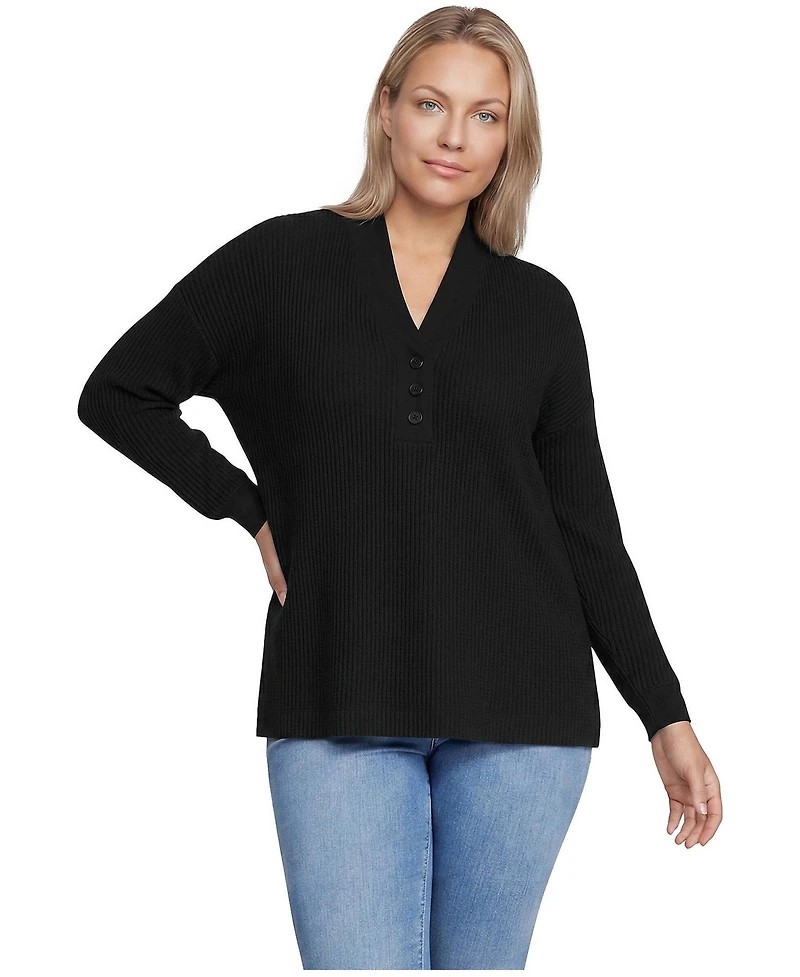 Lands' End Plus Long Sleeve Waffle Shawl Collar Henley