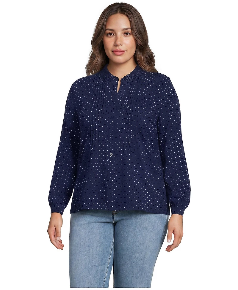 Lands' End Plus Long Sleeve Lightweight Jersey Button Front Trim Collar Pintuck Blouse