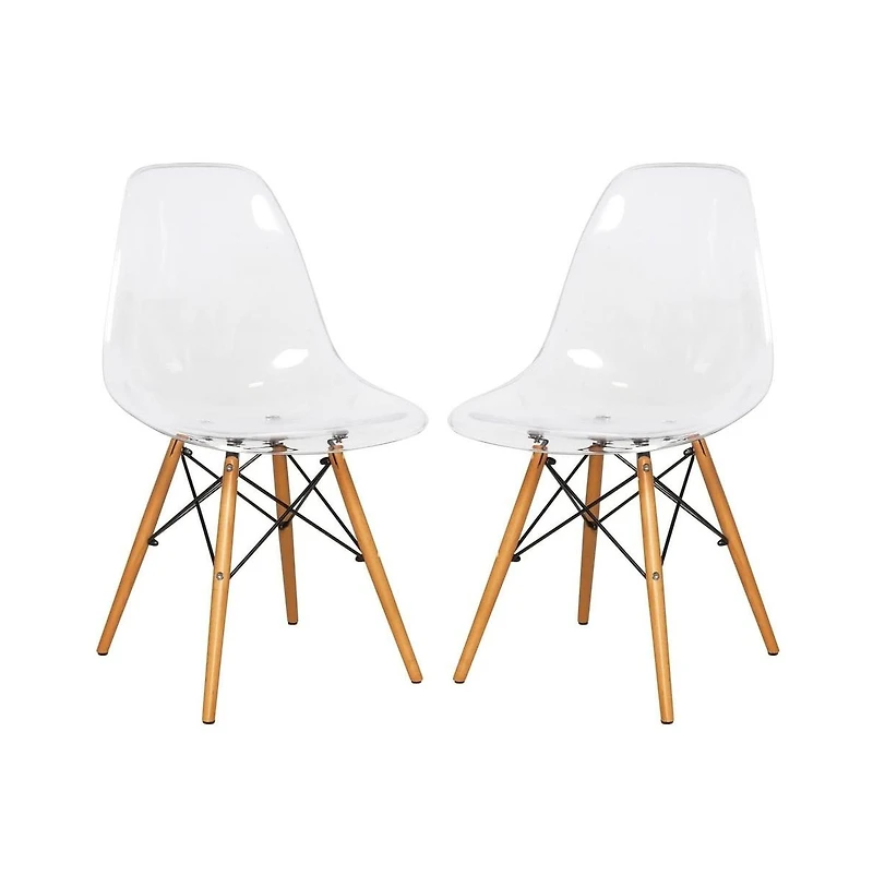 LeisureMod Dover Modern Molded Abs Plastic Dining Side Chair with Chrome Eiffel Base, Solid Beech Wood Legs, Ergonomic Contoured Seat, Set of 2