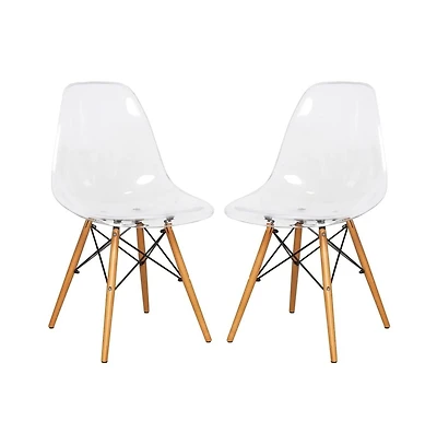 LeisureMod Dover Modern Molded Abs Plastic Dining Side Chair with Chrome Eiffel Base, Solid Beech Wood Legs, Ergonomic Contoured Seat, Set of 2