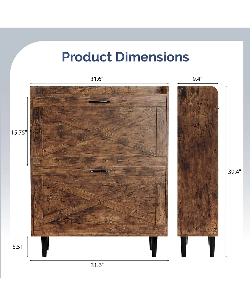 Slickblue 2-Drawer Barn Door Shoe Cabinet with Top Storage Shelf in Mdf
