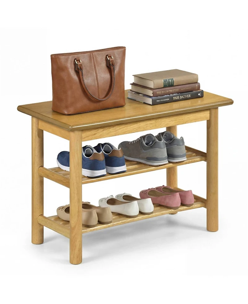 Slickblue 24 Inch Rubberwood Shoe Rack Bench with 3-Tier Entryway Storage