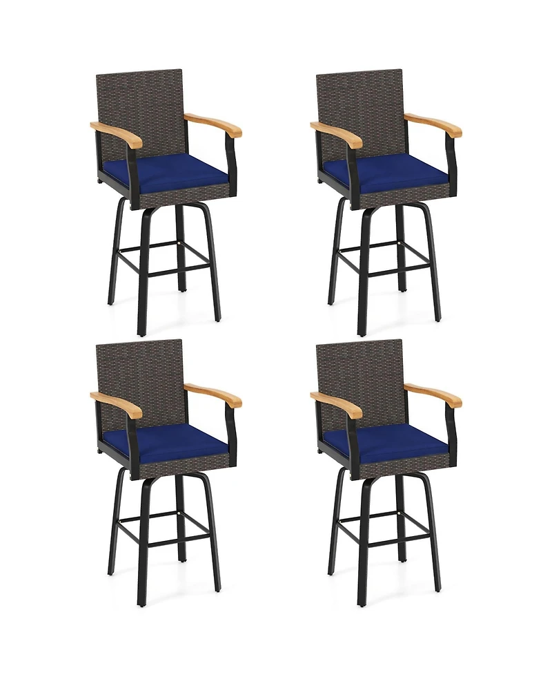 Gymax 4PCS 29'' Outdoor 360-Degree Swivel Bar Stool Cushion Acacia Wood Armrests Footrest