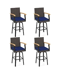 Gymax 4PCS 29'' Outdoor 360-Degree Swivel Bar Stool Cushion Acacia Wood Armrests Footrest