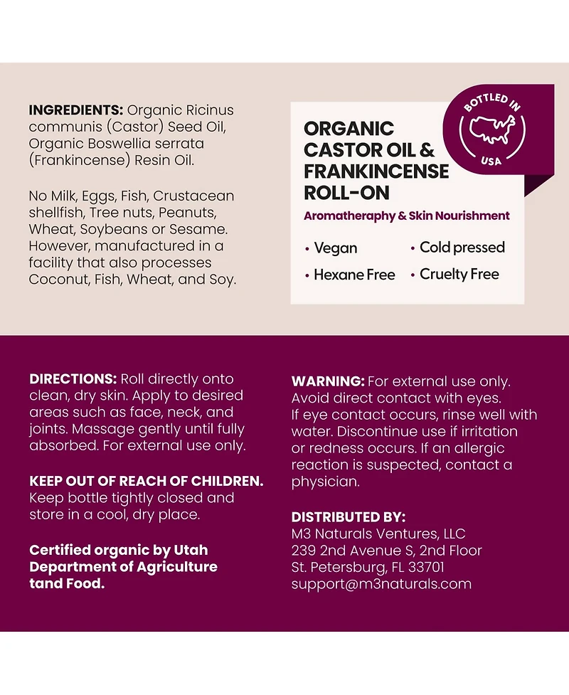 M3 Castor Oil Plus Frankincense Roll-On Cold-Pressed Castor Oil and Pure Frankincense Essential Oil Body Massage Oil, 3 Ounce