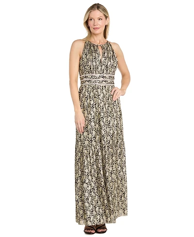R & M Richards Petite Floral-Print Foil Halter Dress with Keyhole Neckline
