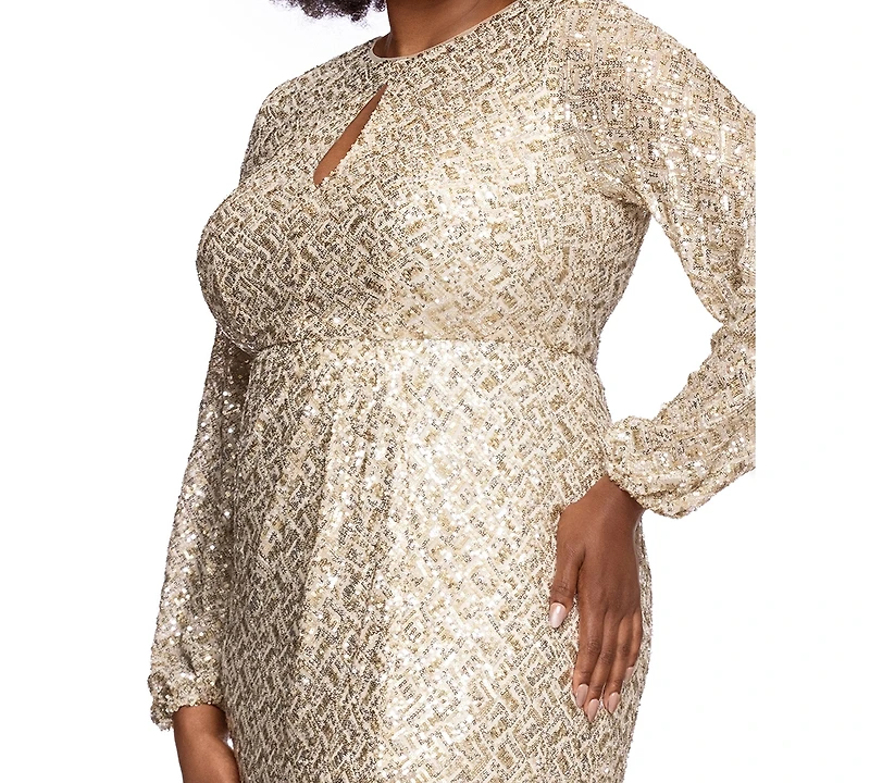 Xscape Plus Allover-Sequin Keyhole Long-Sleeve Gown