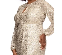 Xscape Plus Allover-Sequin Keyhole Long-Sleeve Gown