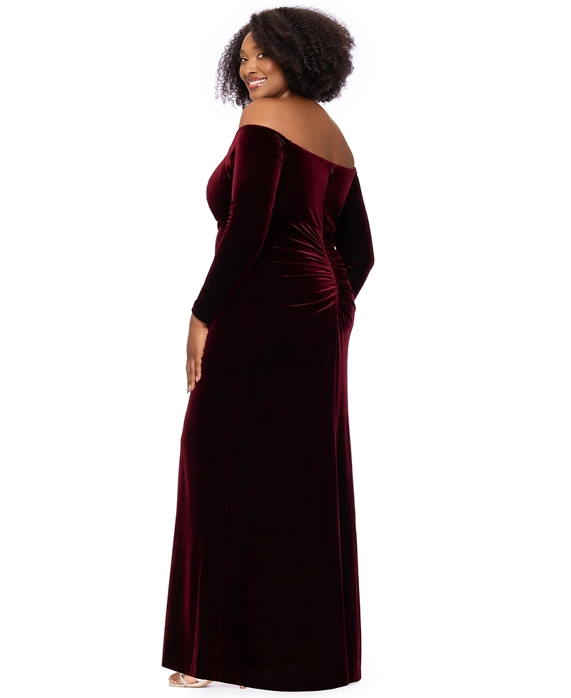Xscape Plus Off-the-Shoulder Velvet Long-Sleeve Gown