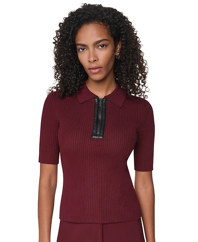 Dkny Petite Short-Sleeve Half-Zip Ribbed Cotton-Blend Sweater