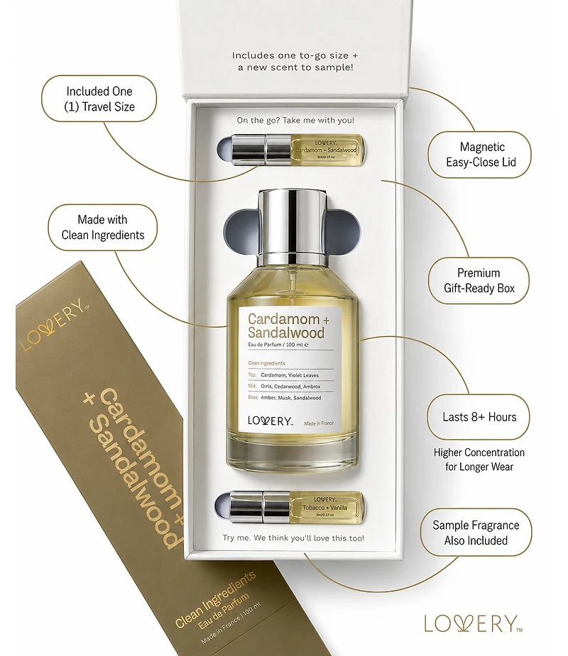 LoveryPlus Cardamom + Sandalwood Perfume Gift Set - 3.4fl oz Womens Fragrance with Travel Size Mini Perfume and Free Gift Sample