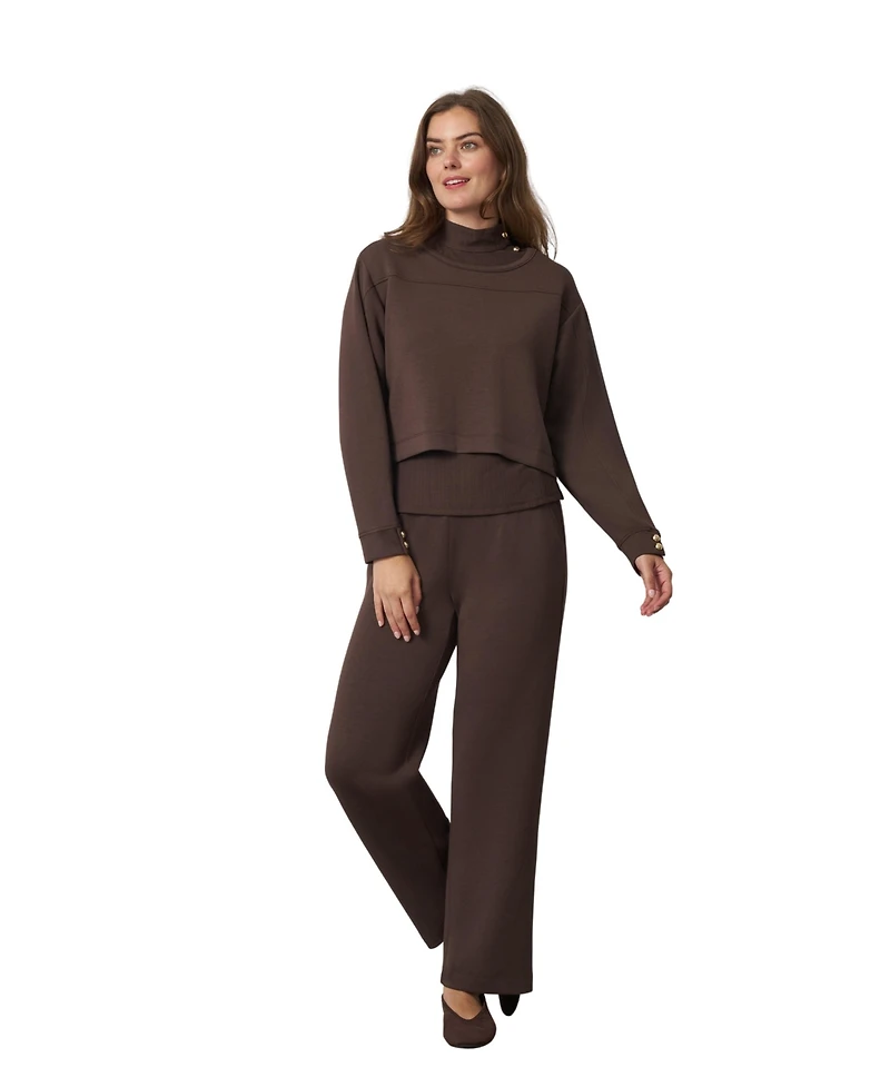 Cable & Gauge Women's Rib-Knit Mock Neck Shell, Overlay, and Pants 3-Piece Set