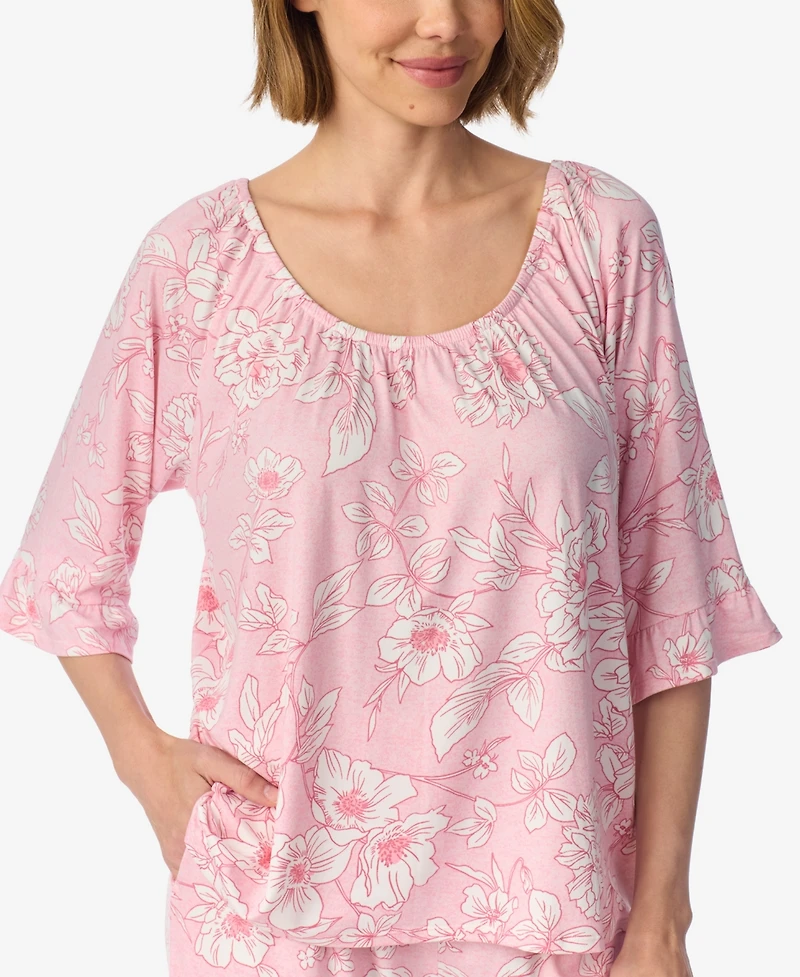 Ellen Tracy Women's Above-Elbow Raglan Sleeves with Ruffle Wide-Leg Cropped Pant Pajama Set