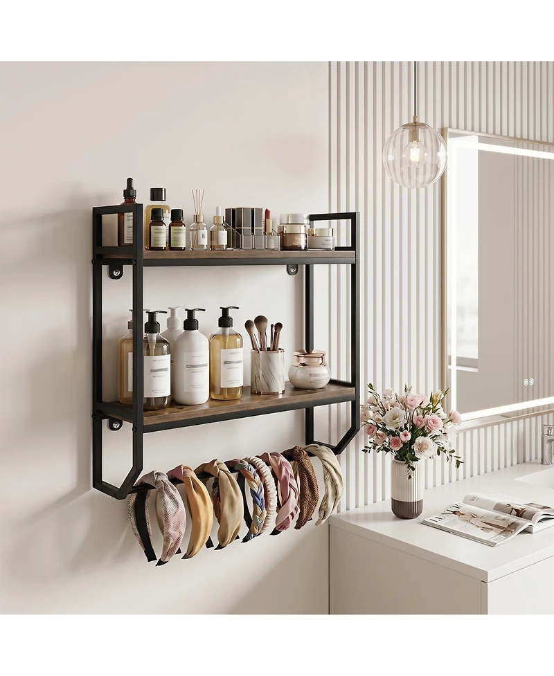 Gymax 2-Tier Floating Shelving Wall-Mounted Shelf with Hanging Rod Expansion Screws
