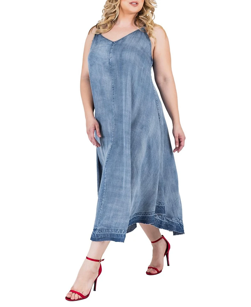 Plus Women's Denim Tencel Raw Hem Midi Slip Dress