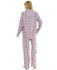 Roudelain Women's Flannel Collared Long-Sleeve Shirt and Pant Pajama Set