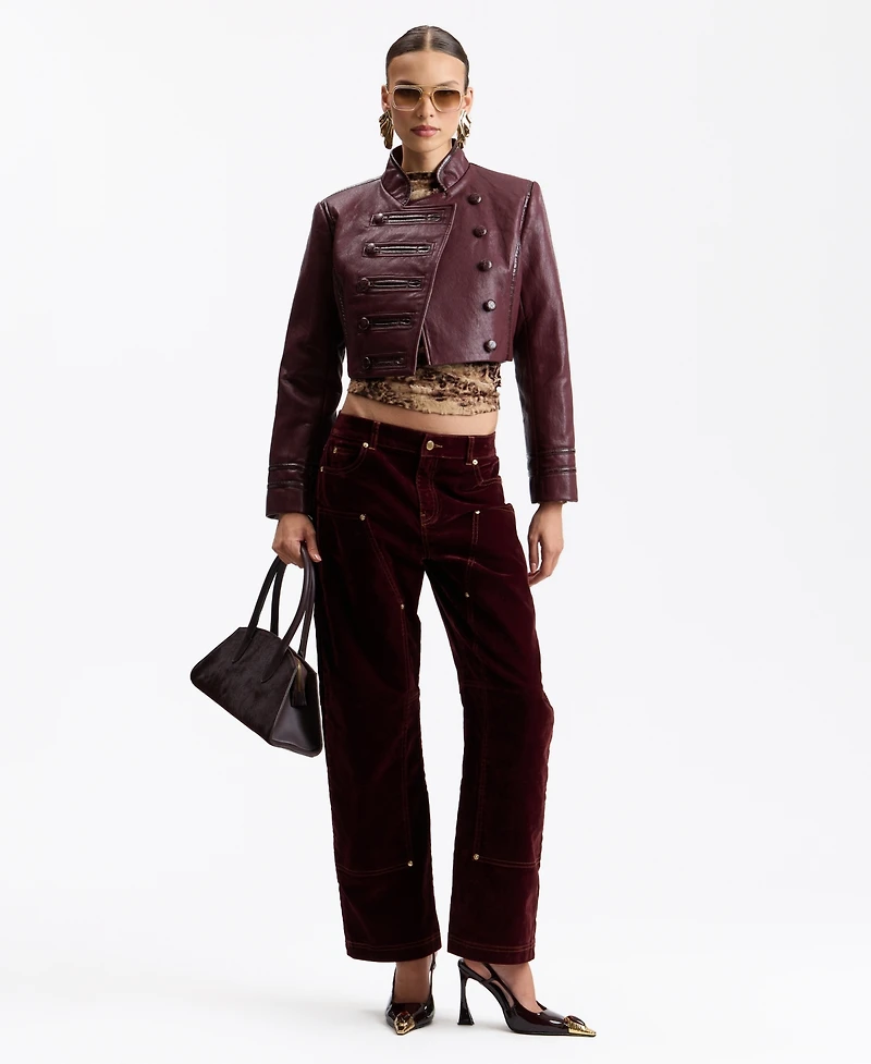 Avec Les Filles Women's Double-Breasted Military-Style Cropped Faux Leather Jacket