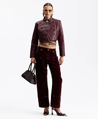 Avec Les Filles Women's Double-Breasted Military-Style Cropped Faux Leather Jacket