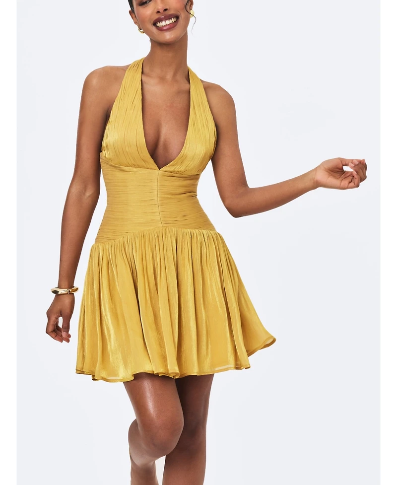 Miss Circle Women's Xavia Gold Crystal Organza Plunging Halter Mini Dress