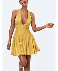 Miss Circle Women's Xavia Gold Crystal Organza Plunging Halter Mini Dress