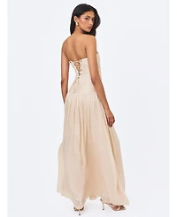 Miss Circle Women's Olivine Light Beige Crystal Organza Strapless Maxi Dress