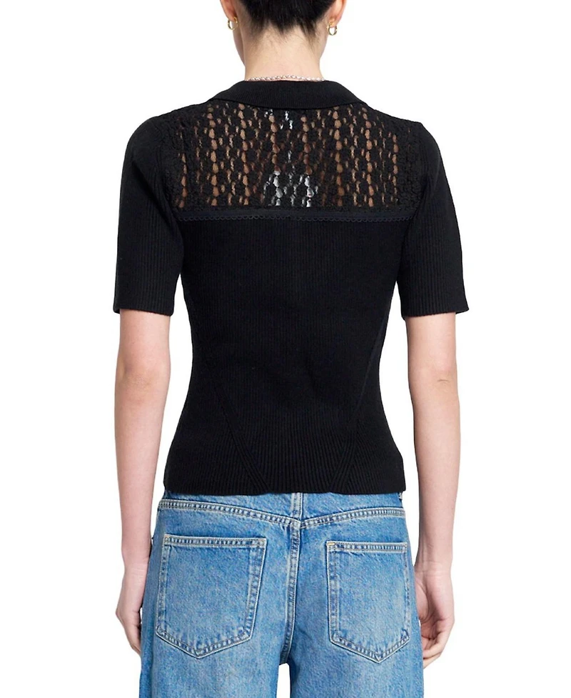 Central Park West Women's Lace Short-Sleeve Button-Up Sweater