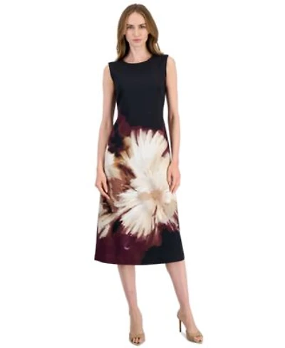 Anne Klein Womens Scuba Floral Print A Line Midi Dress