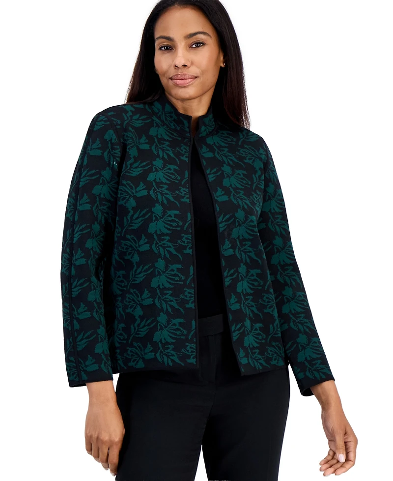 Kasper Petite Kissing Front Jacquard Floral-Print Collarless Cardigan
