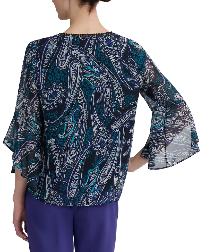Kasper Women's Printed V-Neck Ruffle-Sleeve Blouse