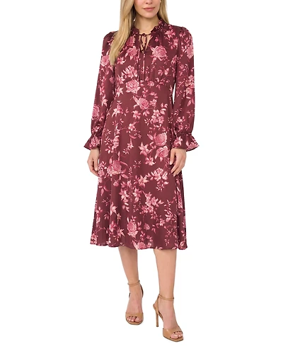 Msk Petite Tie Neck Satin Midi Floral A-Line Dress