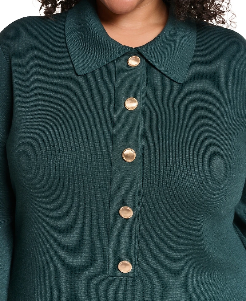 Jessica Howard Plus Knit Button-Front Collared Sweater Dress
