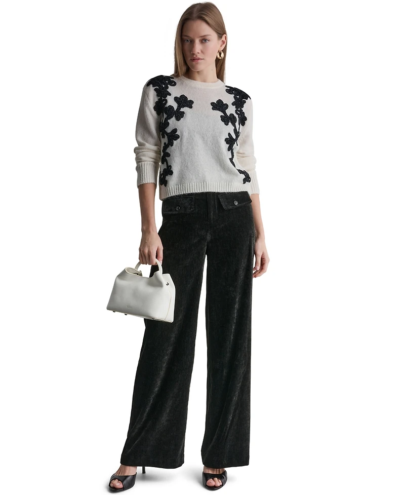 Bcbg Women's Oversized Floral-Applique Crewneck Long-Sleeve Sweater