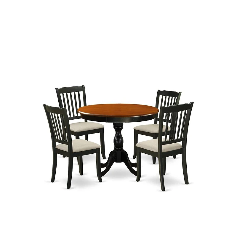 East West Furniture 5-Piece Modern Dining Set Includes a Round Wood Table and 4 Linen Fabric Dining Room Chairs with Slatted Back