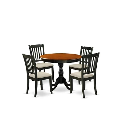 East West Furniture 5-Piece Modern Dining Set Includes a Round Wood Table and 4 Linen Fabric Dining Room Chairs with Slatted Back