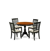 East West Furniture 5-Piece Modern Dining Set Includes a Round Wood Table and 4 Linen Fabric Dining Room Chairs with Slatted Back