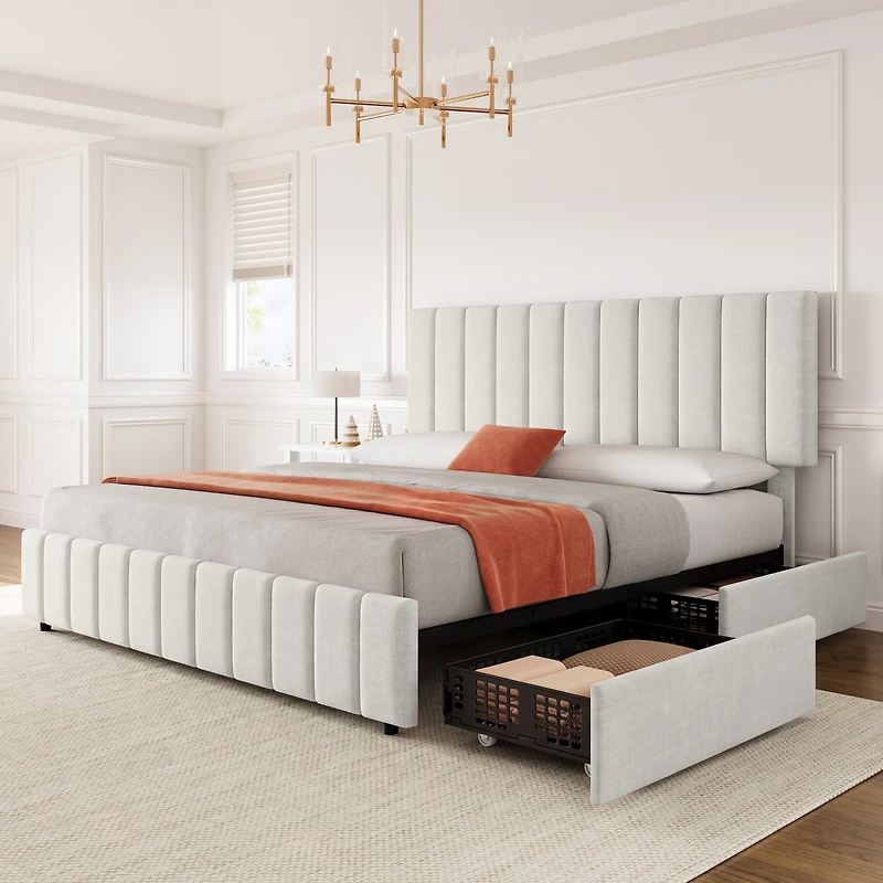 Gaomon Modern Upholstered Platform Bed Frame Featuring 4 Storage Drawers, Adjustable Height Headboard, Heavy Duty Construction