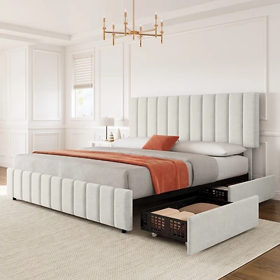 Gaomon Modern Upholstered Platform Bed Frame Featuring 4 Storage Drawers, Adjustable Height Headboard, Heavy Duty Construction