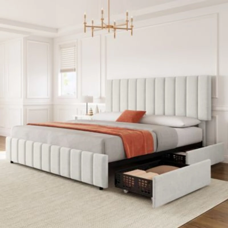Gaomon Modern Upholstered Platform Bed Frame Featuring 4 Storage Drawers Adjustable Height Headboard Heavy Duty Construction Easy Assembly