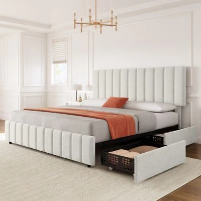 Gaomon Modern Upholstered Platform Bed Frame Featuring 4 Storage Drawers Adjustable Height Headboard Heavy Duty Construction Easy Assembly