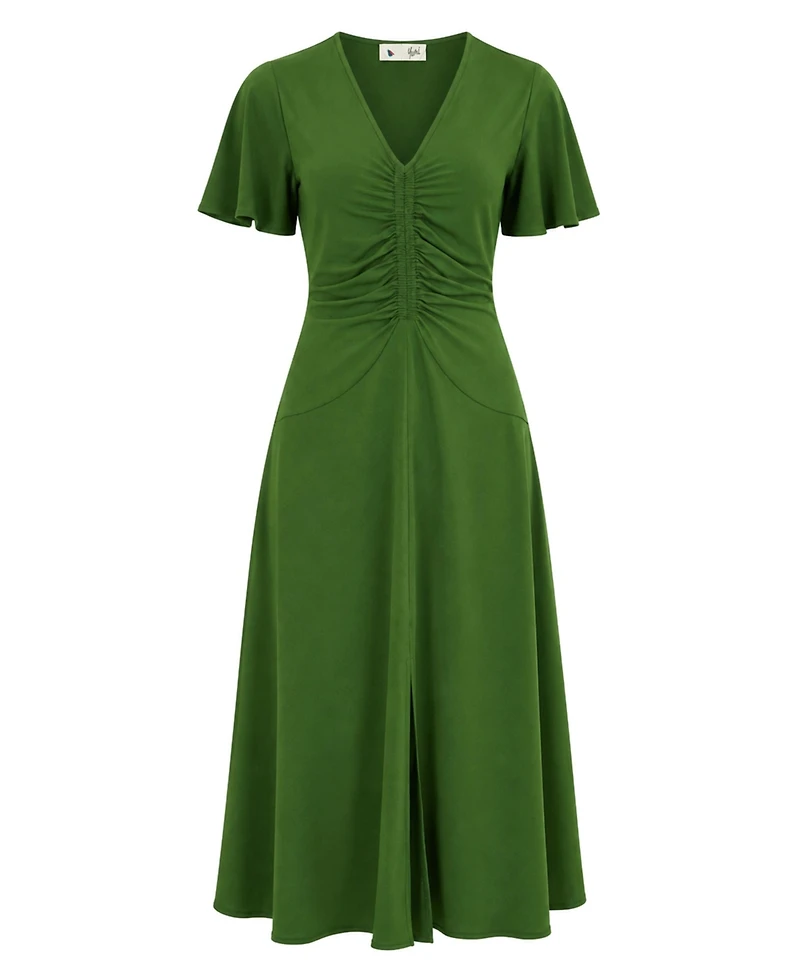 Yumi Women's Ruched Front Stretch Midi Dress