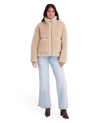 Kensie Women's Faux Fur Jacket With Patch Pockets And Funnel Neck