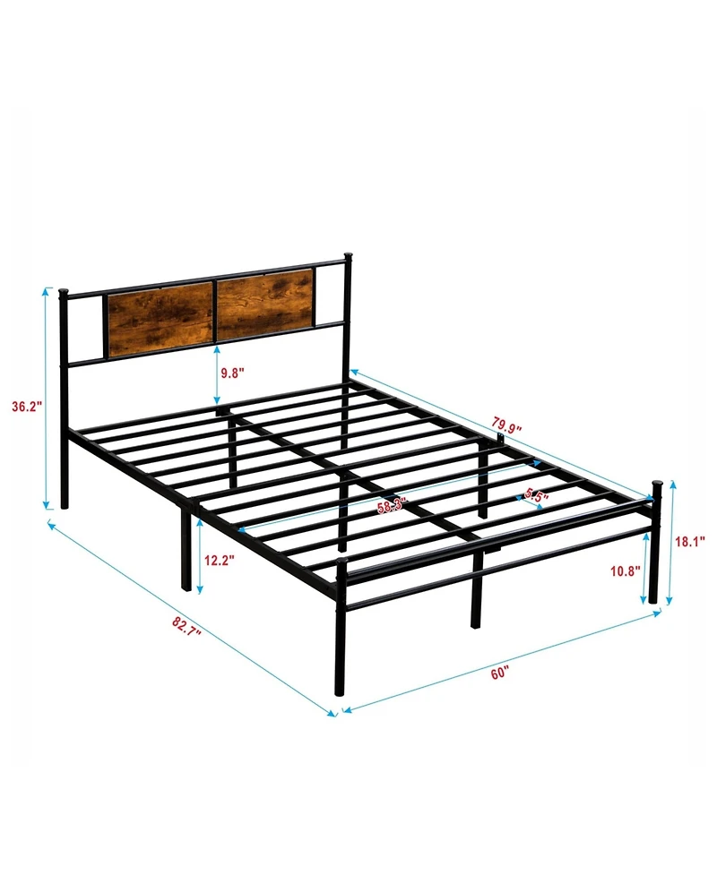 Slickblue Metal Platform Bed Frame with Wood Panel Headboard and Steel Slats
