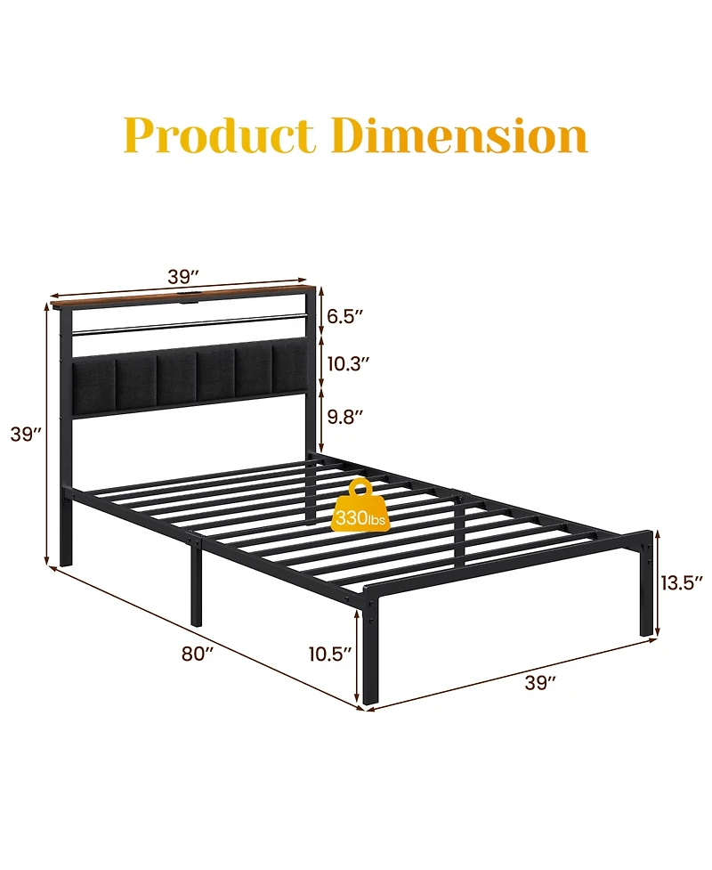 Slickblue Twin Size Bed Frame with Headboard, Storage Shelf and Metal Frame