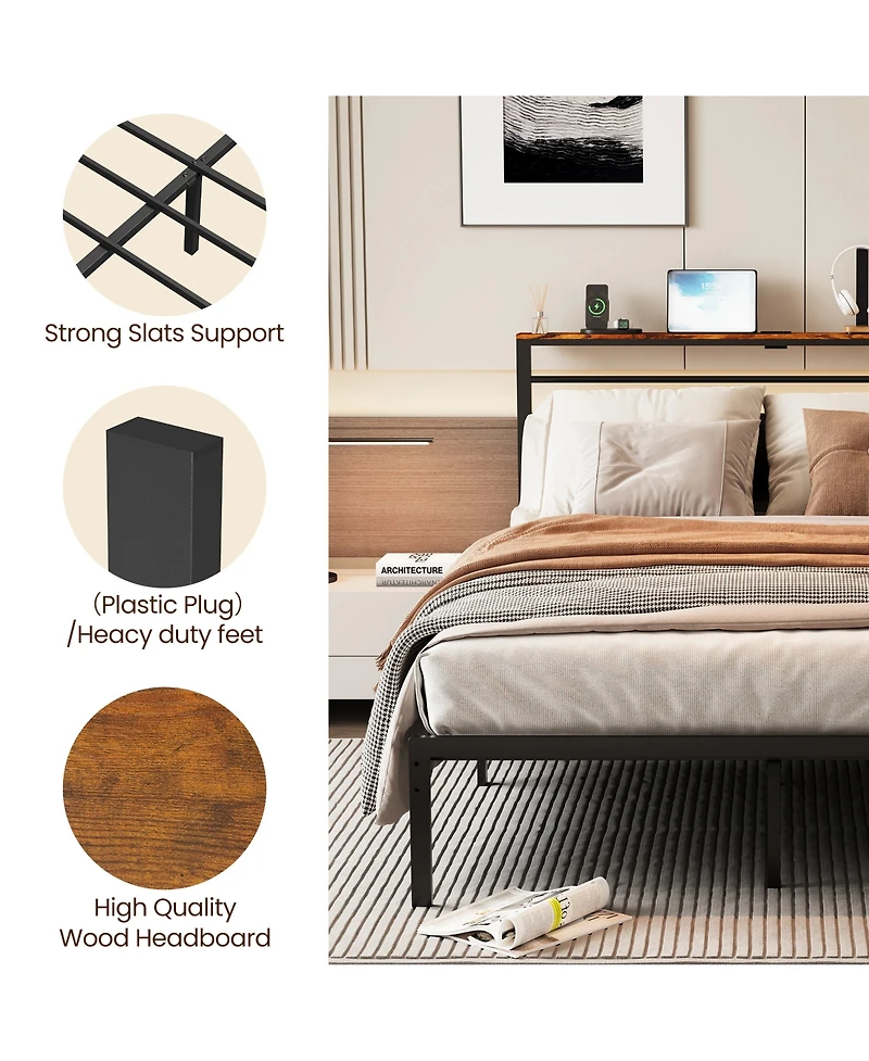 Slickblue Twin Size Bed Frame with Headboard, Storage Shelf and Metal Frame