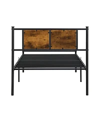 Slickblue Metal Platform Bed Frame with Wood Panel Headboard and Steel Slats