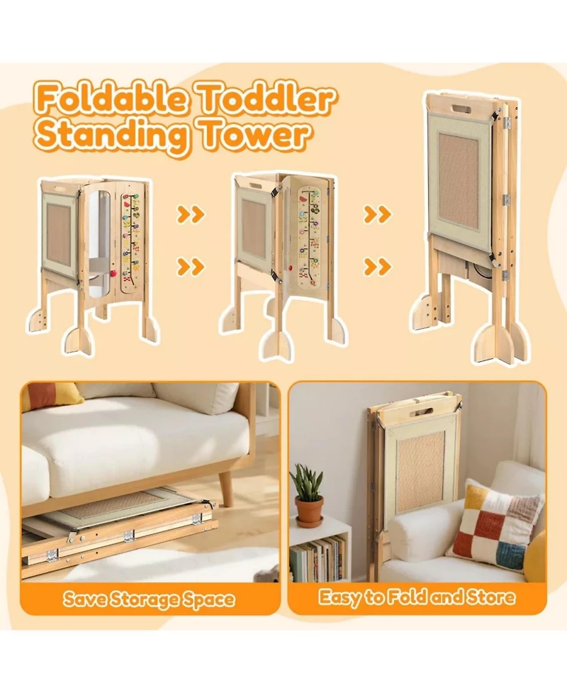 Fed Fitness Foldable Montessori Toddler Tower, Adjustable Kids Kitchen Helper Stool with Safety Net, Detachable Step Stool and Educational Games