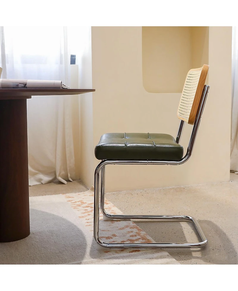 Flynama Set of 2 Faux Leather Rattan Cantilever Dining Chairs, Chrome Tubular Steel Breuer Frame Stackable Side Chairs