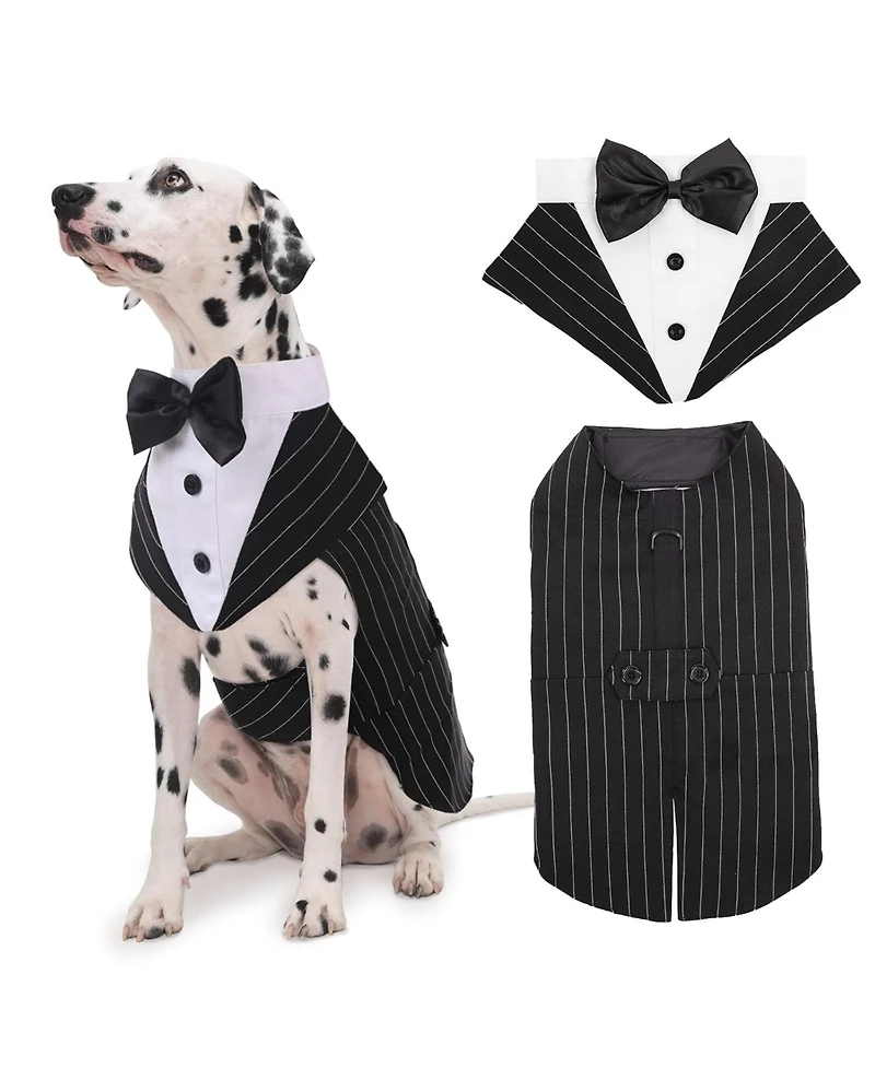 Formal Tuxedo and Bandana Set with Detachable Bowtie Collar and D-Ring for Dogs