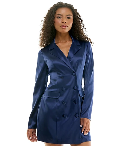 City Studios Juniors' Double-Breasted Long-Sleeve Satin Blazer Dress
