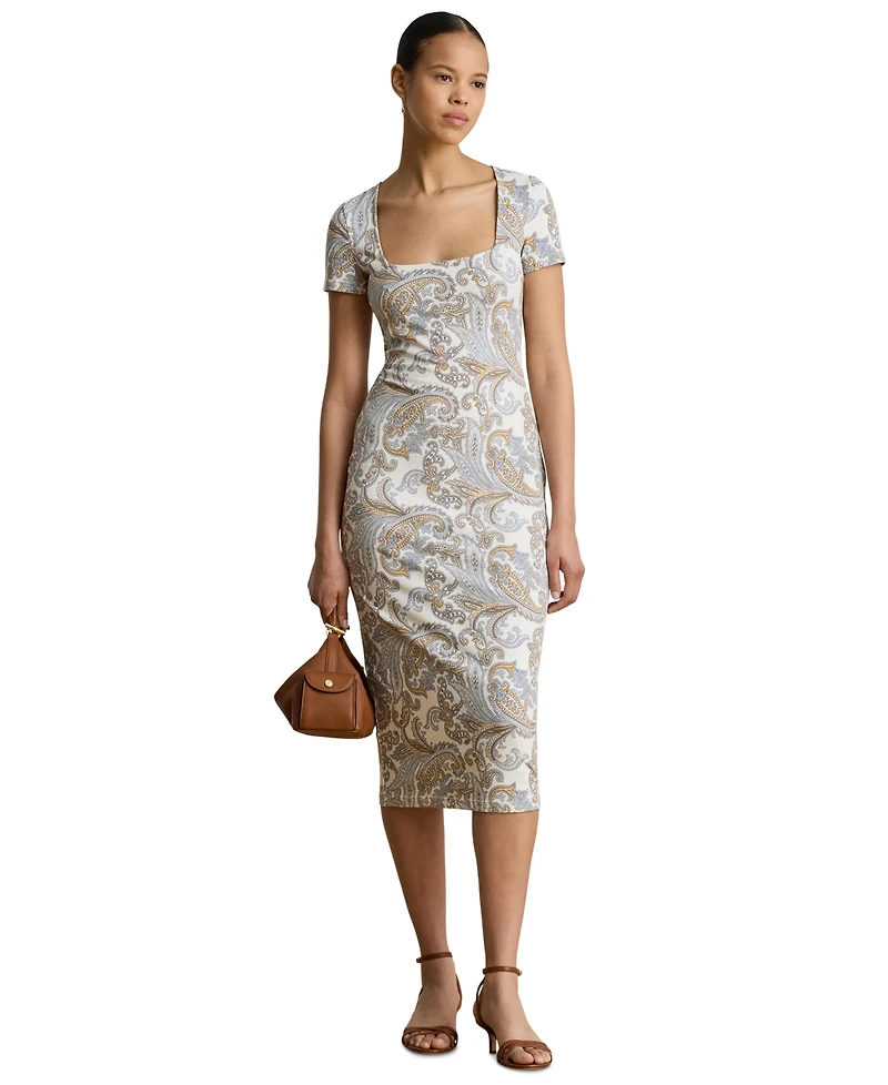 Lauren Ralph Women's Slim-Fit Square Neck Short-Sleeve Midi Dress